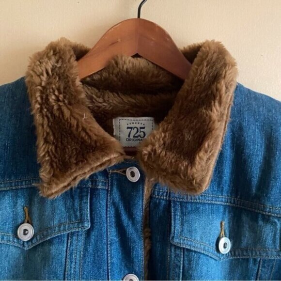 Y2K 725 Denim Jacket Faux Fur Lined Cropped Blue Trucker Cozy Vintage - Picture 6 of 14